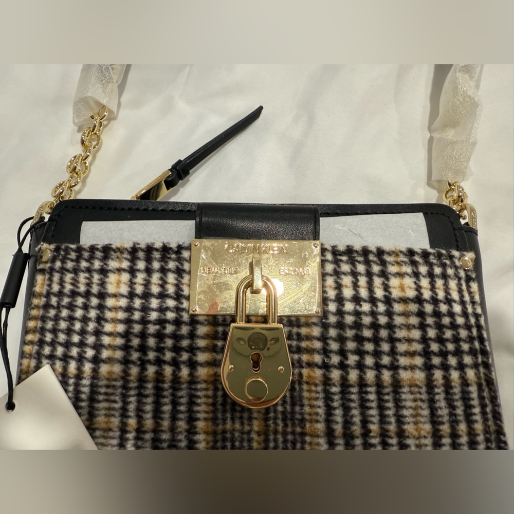 Calvin Klein Camille Daytona Crossbody Bag - Plaid and Leather with Gold Lock - Picture 3 of 4